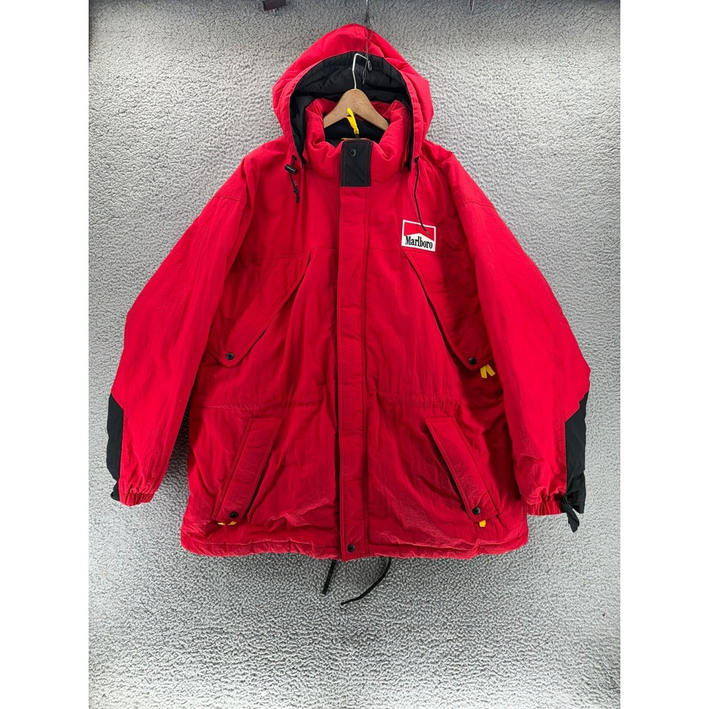 Vtg 90s Marlboro Country Store Down Parka Jacket Red Puffer Hooded Men's XXL